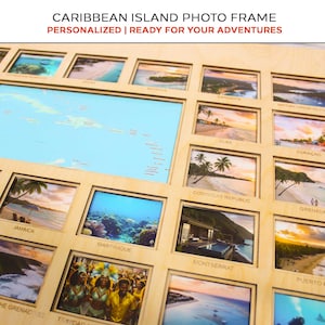 May include: A wooden Caribbean Island photo frame with multiple photo slots. The frame includes a map of the Caribbean islands and spaces for photos of various islands. Text at the top reads "CARIBBEAN ISLAND PHOTO FRAME PERSONALIZED | READY FOR YOUR ADVENTURES."