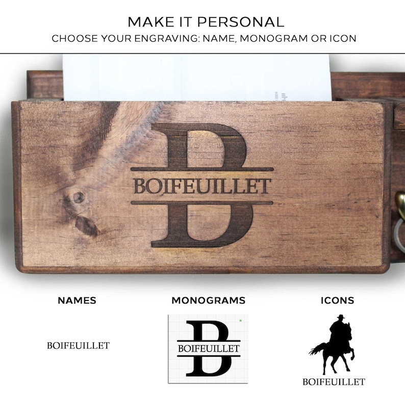 Pu&ograve; includere: Un organizer da parete in legno con il nome "BOIFEUILLET" inciso e un grande monogramma della lettera "B". Il testo "MAKE IT PERSONAL" e "CHOOSE YOUR ENGRAVING: NAME, MONOGRAM OR ICON" sono in alto. Sotto sono mostrati esempi di nomi, monogrammi e icone.