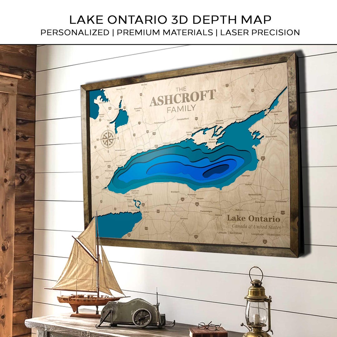 Lake Ontario 3D Lake Map Personalized Wood Custom Topographic Depth Map ...