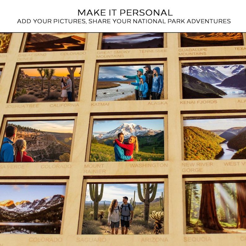 Op de afbeelding: Houten displaybord met meerdere fotolijsten, elk met schilderachtige uitzichten uit verschillende nationale parken. De tekst "MAKE IT PERSONAL" en "ADD YOUR PICTURES, SHARE YOUR NATIONAL PARK ADVENTURES" staat bovenaan.