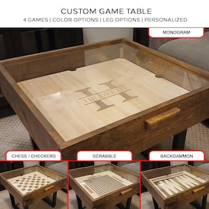 Personalized Game Table with Game Boards | Gaming Table for Games, Puzzles, Cards with Removable Glass Top, Legs Style Options & Stain Color