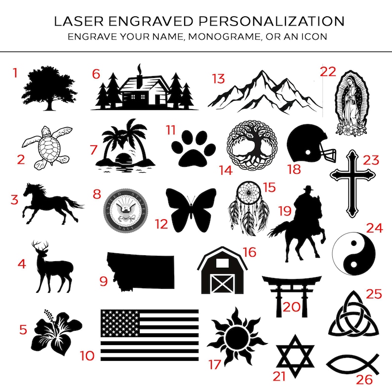 Pu&ograve; includere: Una collezione di icone incise al laser, tra cui un albero, una casa, montagne, una tartaruga, un cavallo, un cervo, un fiore, la bandiera americana, un'impronta di zampa, una farfalla, un fienile, un sole e altro ancora. Testo: LASER ENGRAVED PERSONALIZATION.