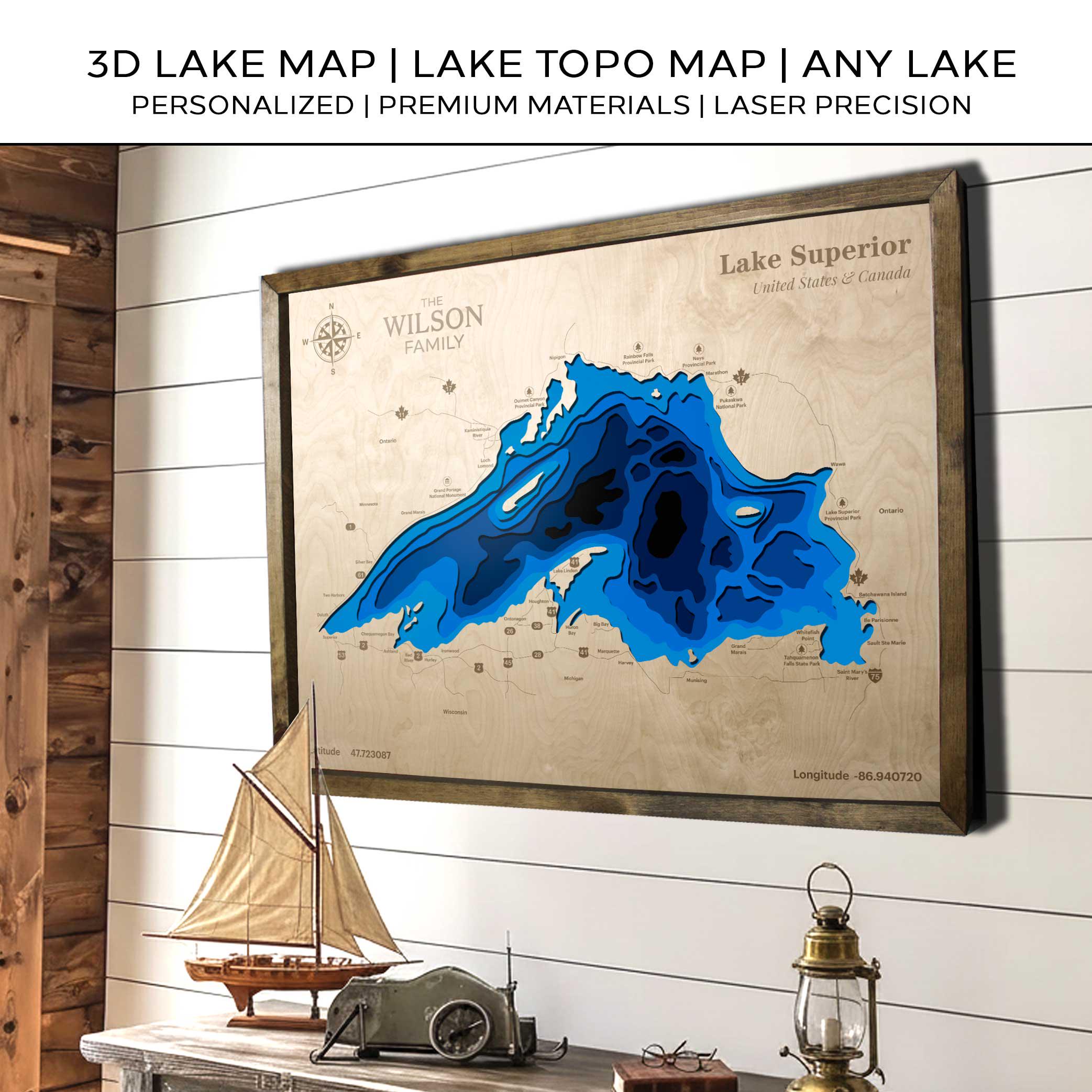 Personalized 3D Lake Map Wood | Custom Topographic Depth Map Wall Art ...