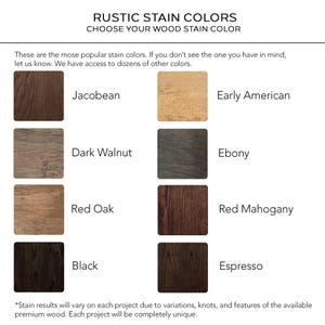 Pu&ograve; includere: Immagine che mostra una selezione di colori di mordente per legno: Jacobean, Early American, Dark Walnut, Ebony, Red Oak, Red Mahogany, Black ed Espresso. Il testo recita "Colori di mordente rustici, scegli il tuo colore di mordente per legno."