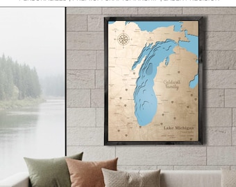 Lake Michigansee 3D See Karte Personalisierte Holz Benutzerdefinierte Topographische Karte Tiefe Karte Wand Kunst See Haus Dekor Topo Karte Einweihungsparty Geschenk