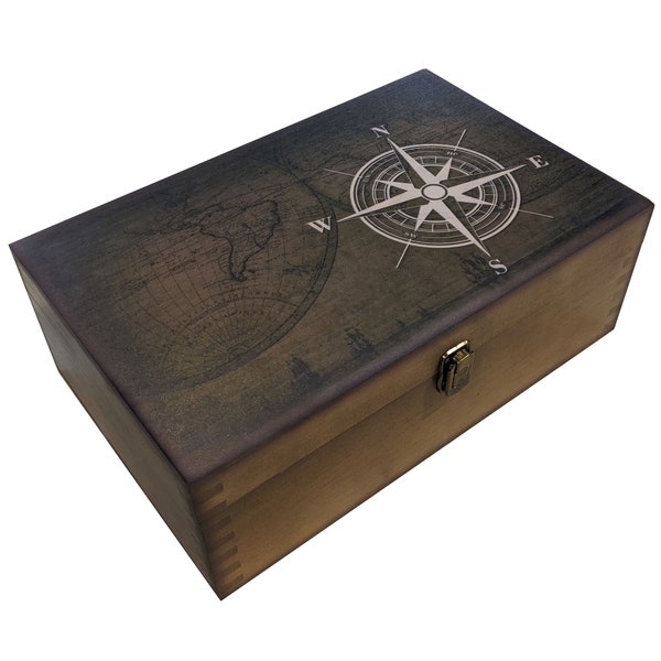 Compass/Travel Keepsake Box | Large Wooden Decorative Memory Box | Gift Box | Wedding Gift, Anniversary Gift, Birthday Gift, Wooden Art Box