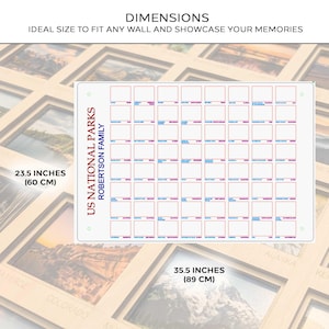 Op de afbeelding: Een rechthoekige US National Parks kras-af map, 60 cm x 89 cm, met een raster van vakjes voor elk park. De kaart bevat de tekst "US NATIONAL PARKS ROBERTSON FAMILY" en "DIMENSIONS IDEAL SIZE TO FIT ANY WALL AND SHOWCASE YOUR MEMORIES".