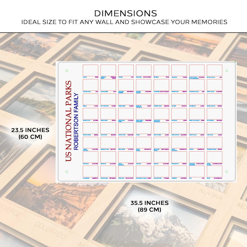 Op de afbeelding: Een rechthoekige US National Parks kras-af map, 60 cm x 89 cm, met een raster van vakjes voor elk park. De kaart bevat de tekst "US NATIONAL PARKS ROBERTSON FAMILY" en "DIMENSIONS IDEAL SIZE TO FIT ANY WALL AND SHOWCASE YOUR MEMORIES".