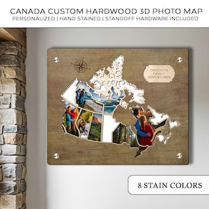 Mapa fotográfico personalizado do Canadá | Moldura de madeira maciça 3D personalizada para fotos de viagem pelas províncias canadenses | Colagem de fotos | Moldura artesanal para guardar lembranças | Presente
