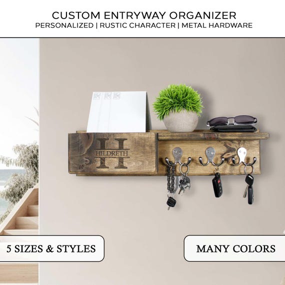 Personalized Entryway Organizer with Key Hooks, Shelf & Mail Box | Custom Key Rack Wall Mount Key Holder Organizer Caddy Housewarming Gift