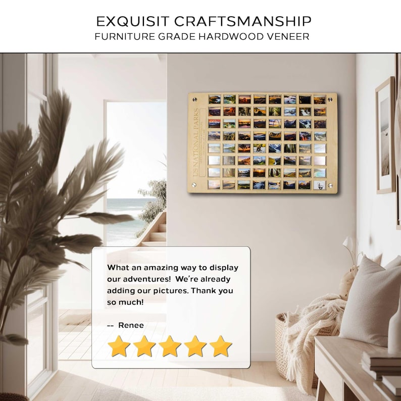 Op de afbeelding: Een houten displaybord met meerdere kleine vierkante openingen, elk ontworpen om een foto te bevatten. Het bord is aan een muur bevestigd en bevat de tekst "US NATIONAL PARKS". De tekst "EXQUISIT CRAFTSMANSHIP FURNITURE GRADE HARDWOOD VENEER" is ook zichtbaar.