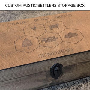 Personalized Settlers Storage Box for Settlers of Catan Game Board Game and Pieces, Rustic | Box Only or Box and Shelf Display Rack