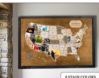 Gepersonaliseerde fotokaart VS met hardhouten lijst | Aangepaste 3D hardhouten fotolijst reizen 50 staten Amerika fotocollage fotolijst cadeau