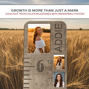 May include: A wooden growth chart with the name "ADDIE" and three photo frames. The chart has measurements in inches and the text "GROWTH IS MORE THAN JUST A MARK" and "HIGHLIGHT YOUR CHILD'S MILESTONES WITH MEMORABLE PHOTOS".