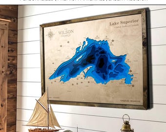 Personalized 3D Lake Map Wood | Custom Topographic Depth Map Wall Art | Lake House Decor Gift, Wood Lake 3D Topo Map, Housewarming Gift