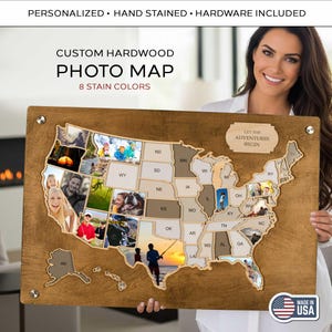 Personalisierte Foto Landkarte USA | Benutzerdefinierte 3D Holz Bilderrahmen Reisekarte 50 Staaten Amerika Fotocollage Handgefertigte Erinnerungsfotorahmen Geschenk
