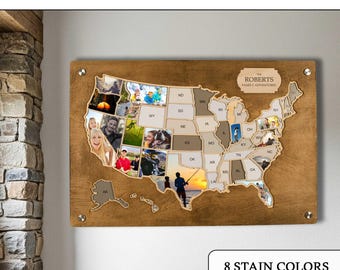 Personalized Photo Map USA | Custom 3D Hardwood Picture Frame Travel 50 States America Photo Collage Hand-Crafted Memory Photo Frame Gift