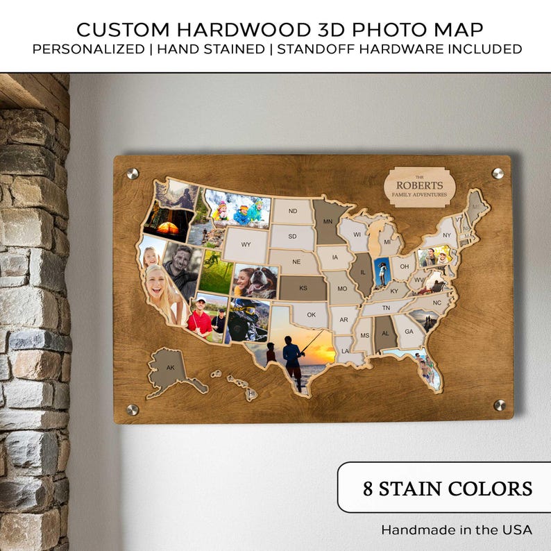 Personalized Photo Map USA | Custom 3D Hardwood Picture Frame Travel 50 States America Photo Collage Hand-Crafted Memory Photo Frame Gift