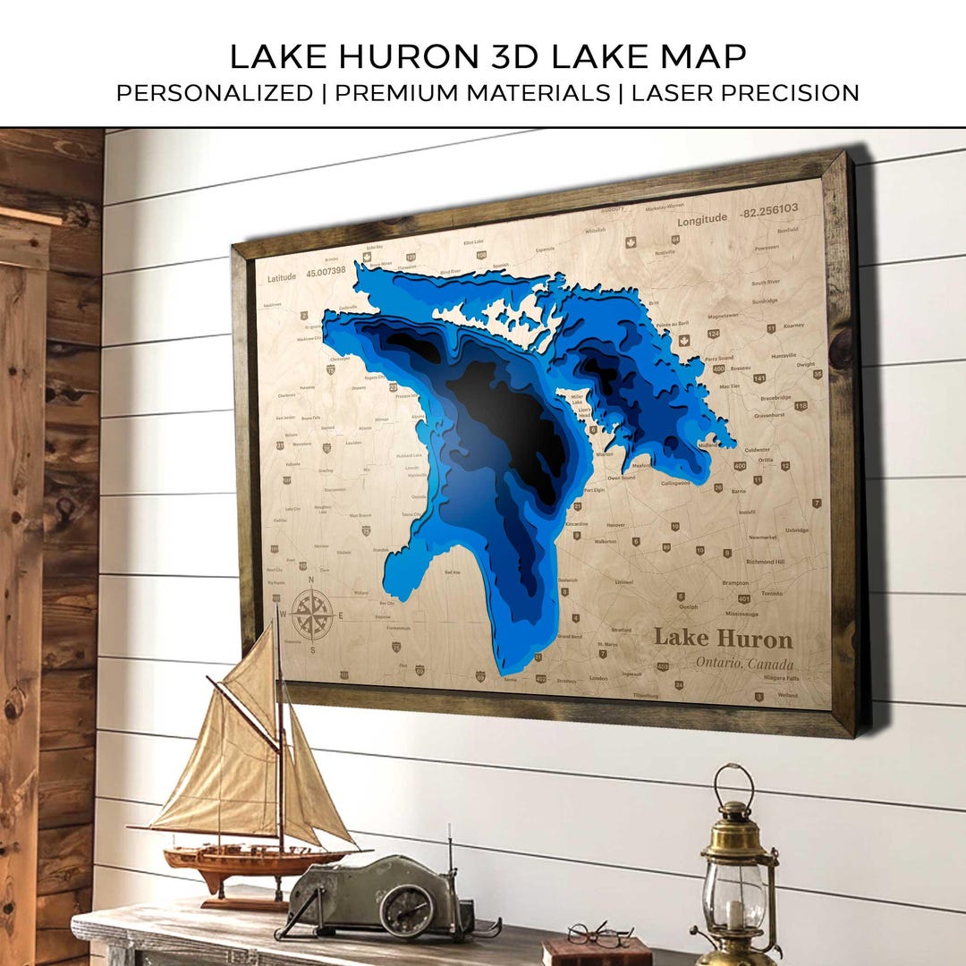 Lake Huron 3D Lake Map Personalized Wood Custom Topographic Depth Map ...