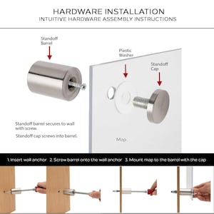 Op de afbeelding: Diagram met hardware-installatie-instructies met de tekst "HARDWARE INSTALLATION" en "INTUITIVE HARDWARE ASSEMBLY INSTRUCTIONS". Het toont een afstandshouder, kunststof ring en afstandskap met stappen voor het monteren van een kaart.
