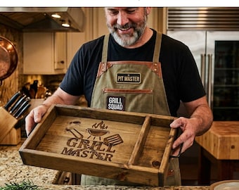 Può includere: Un vassoio da portata rettangolare in legno con manici in metallo scuro sui lati. Il vassoio presenta un design inciso al laser raffigurante un barbecue, una spatola e una pinza sopra la scritta "GRILL MASTER". Include un divisorio.