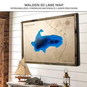 Walden Pond 3D-sjökarta Personlig träanpassad topografisk djupkarta Väggkonst Sjöhusdekor Topokarta Inflyttningspresent