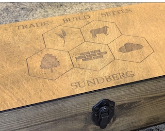 Personalized Settlers Storage Box for Settlers of Catan Game Board Game and Pieces, Rustic | Box Only or Box and Shelf Display Rack