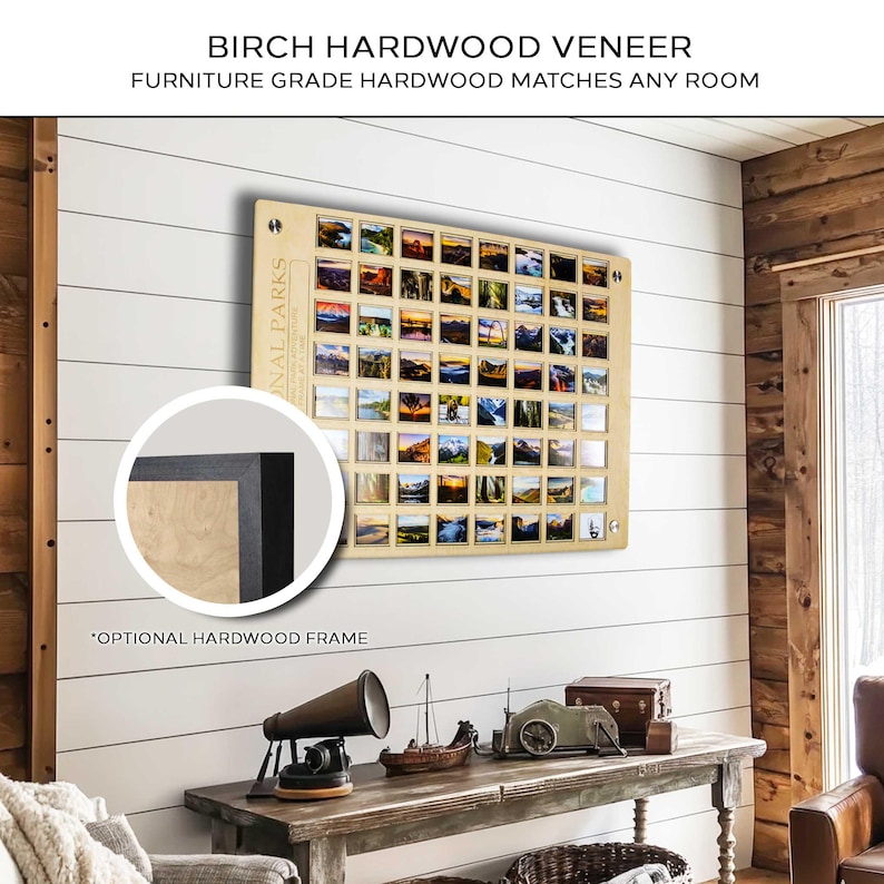 Op de afbeelding: Een houten wandkunstwerk met een raster van kleine landschapsfoto's. Het kunstwerk is gemaakt van berkenfineer en heeft de tekst "NATIONAL PARKS" aan de zijkant. Het optionele frame is van hardhout. De tekst "FURNITURE GRADE HARDWOOD MATCHES ANY ROOM" is ook zichtbaar.