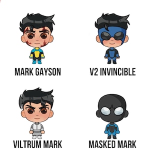 May include: Four cartoon illustrations of superheroes. The first is a young man with brown hair and a blue and yellow costume. The second is a young man with brown hair and a blue costume. The third is a young man with brown hair and a white costume. The fourth is a black figure with a blue costume.