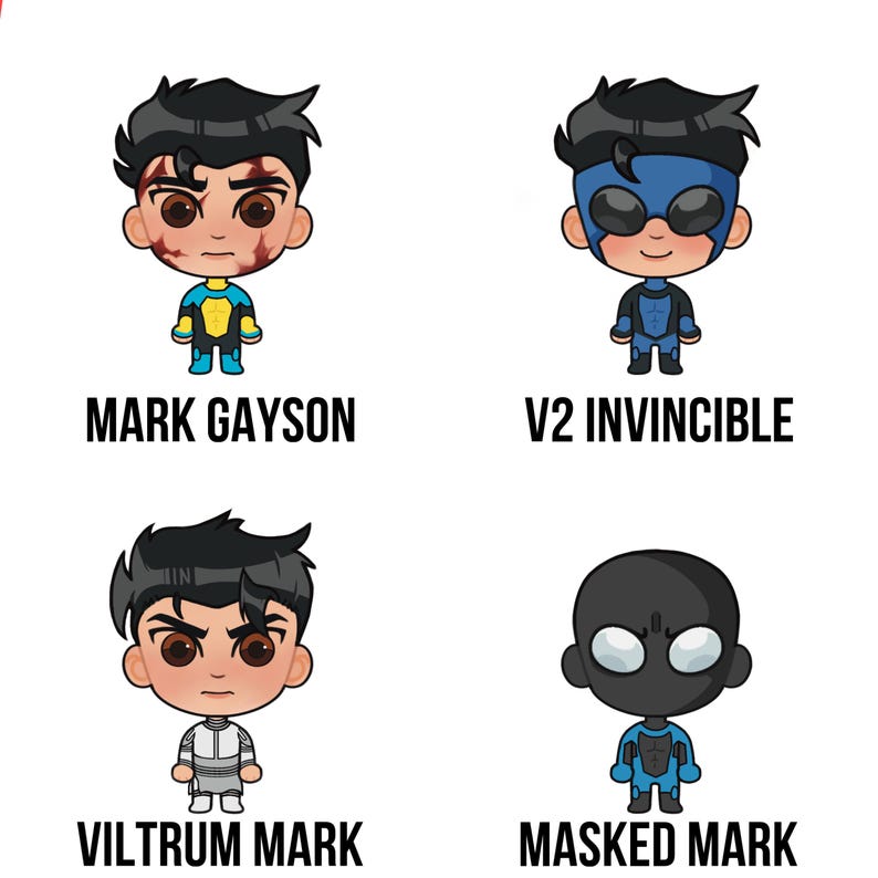 May include: Four cartoon illustrations of superheroes. The first is a young man with brown hair and a blue and yellow costume. The second is a young man with brown hair and a blue costume. The third is a young man with brown hair and a white costume. The fourth is a black figure with a blue costume.