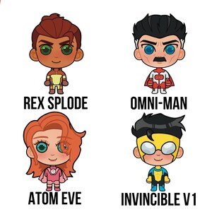 May include: Four cartoon characters with different superhero costumes and names. Rex Splode, Omni-Man, Atom Eve, and Invincible V1.