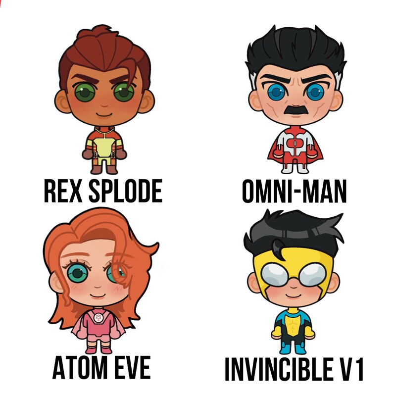 May include: Four cartoon characters with different superhero costumes and names. Rex Splode, Omni-Man, Atom Eve, and Invincible V1.