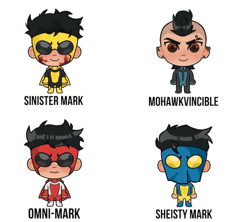 May include: Four cartoon characters with different superhero costumes and names. The characters are: Sinister Mark, Mohawk Invincible, Omni-Mark, and Sheisty Mark.