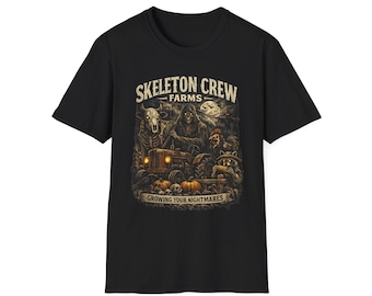 Skeleton Crew Farmen T-Shirt | Horror Kürbis Patch im Alptraum Design