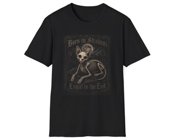 Born in Shadows Skeleton Cat T-Shirt | Gothic Moon Illustration