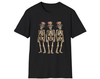 Vaterländisches Skelett Trio T-Shirt | Uncle Sam Schädel Grafik