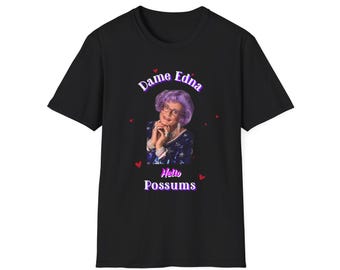 Dame Edna Portrait T-Shirt | Retro lila Haare, Hallo Possums Text