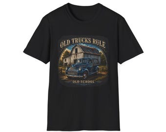 Old Trucks Rule vintage barn scene T-Shirt | Retro truck design