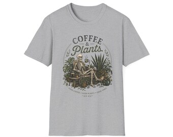 Coffee & Plants T-Shirt | Skeleton, Houseplants, Mug, Botanical Graphic