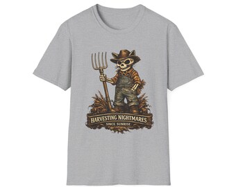 Vogelscheuche Skelett Bauer Heugabel T-Shirt | Ernte Albträume Design