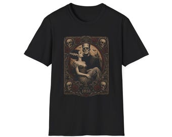 Bride of Frankenstein Illustration T-Shirt | Gothic Horror Skull Roses