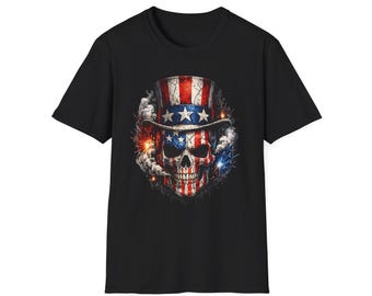 Uncle Sam Hut T-Shirt mit Totenkopf | Amerikanische Flagge Schädel Tee
