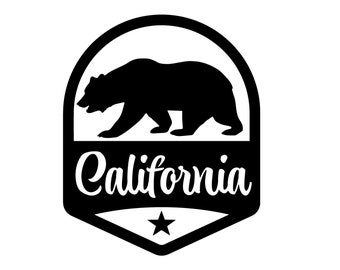 May include: Black and white illustration of a California state emblem featuring a bear walking across a banner with the word "California" in a vintage font. A star is below the banner.