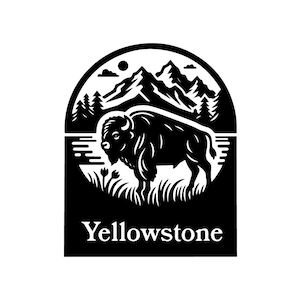 May include: Black and white illustration of a bison standing in a field with mountains and trees in the background. The text "Yellowstone" is below the image.
