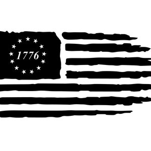 May include: A black and white distressed American flag with 13 stripes and a circle of 13 stars in the canton. The year 1776 is written in the centre of the circle of stars.