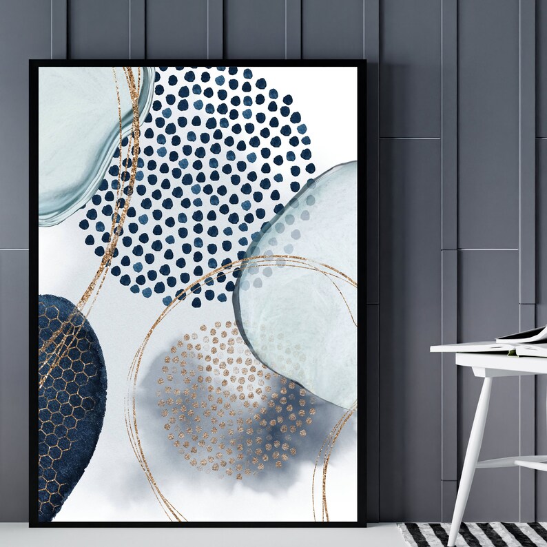 Abstract Wall Art Navy Blue Gold Watercolour Shapes Printable Etsy