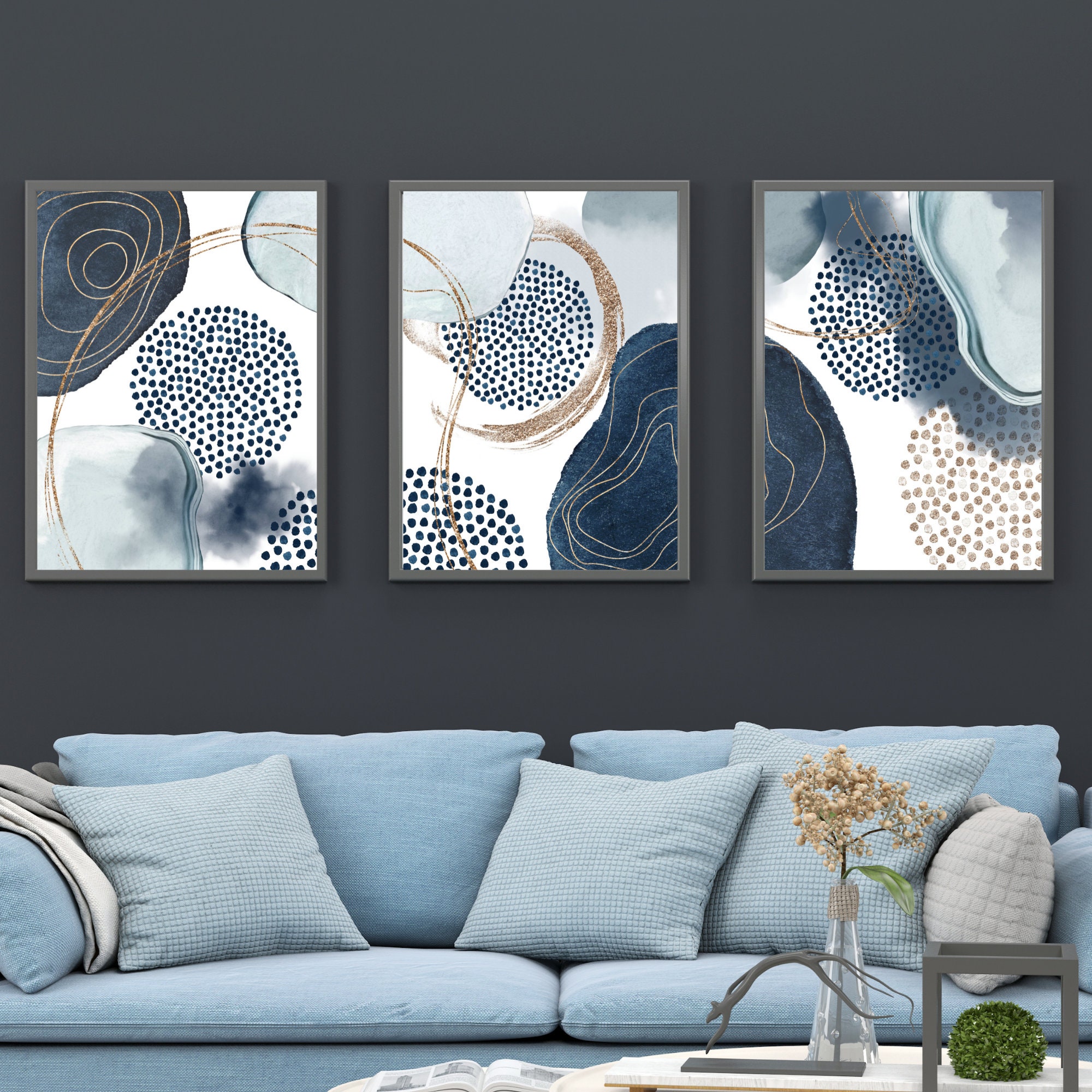 Abstract Wall Art Navy Blue Gold Watercolour Shapes Printable Etsy UK
