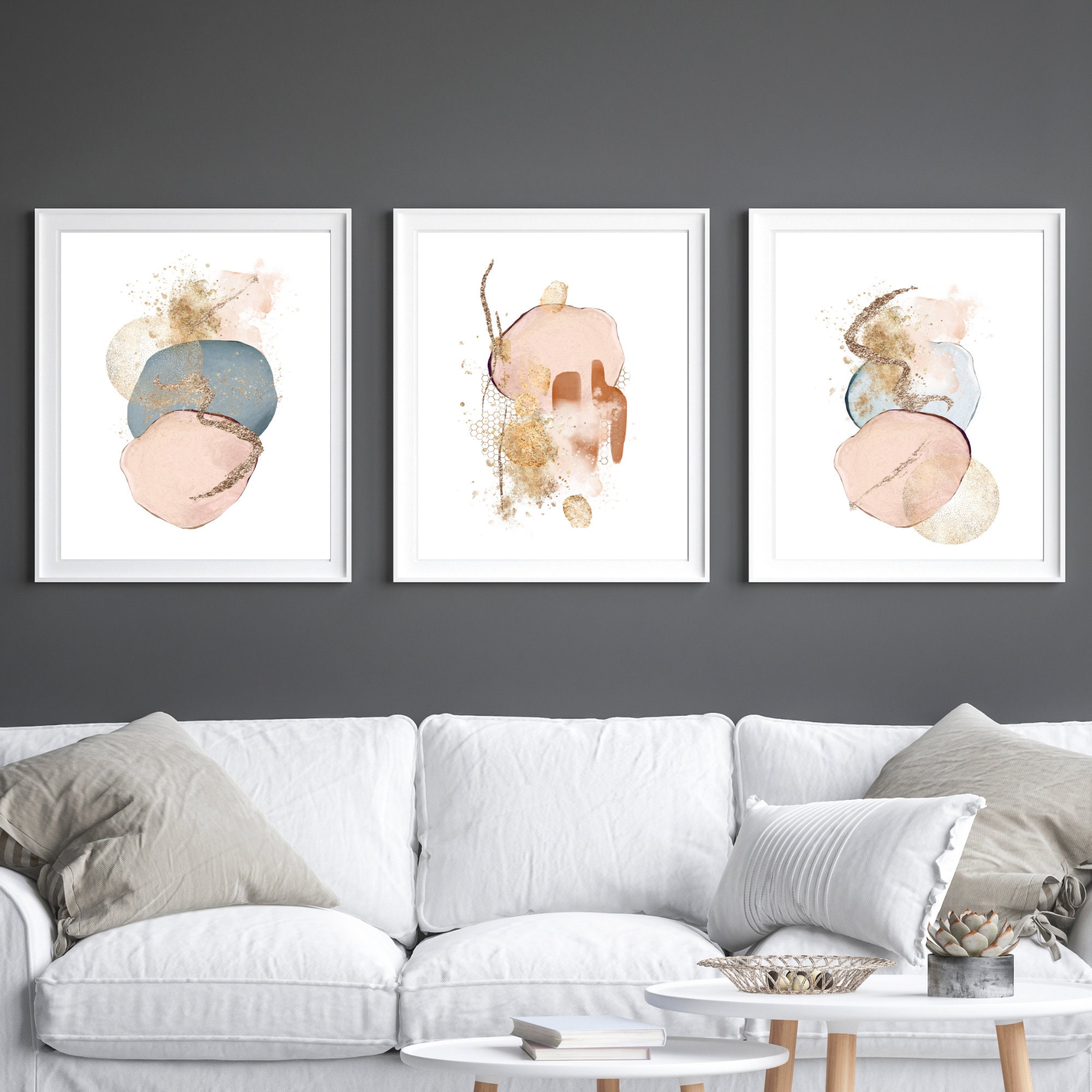 Abstract Wall Art Pink Blue and Gold Watercolour Shapes Etsy UK