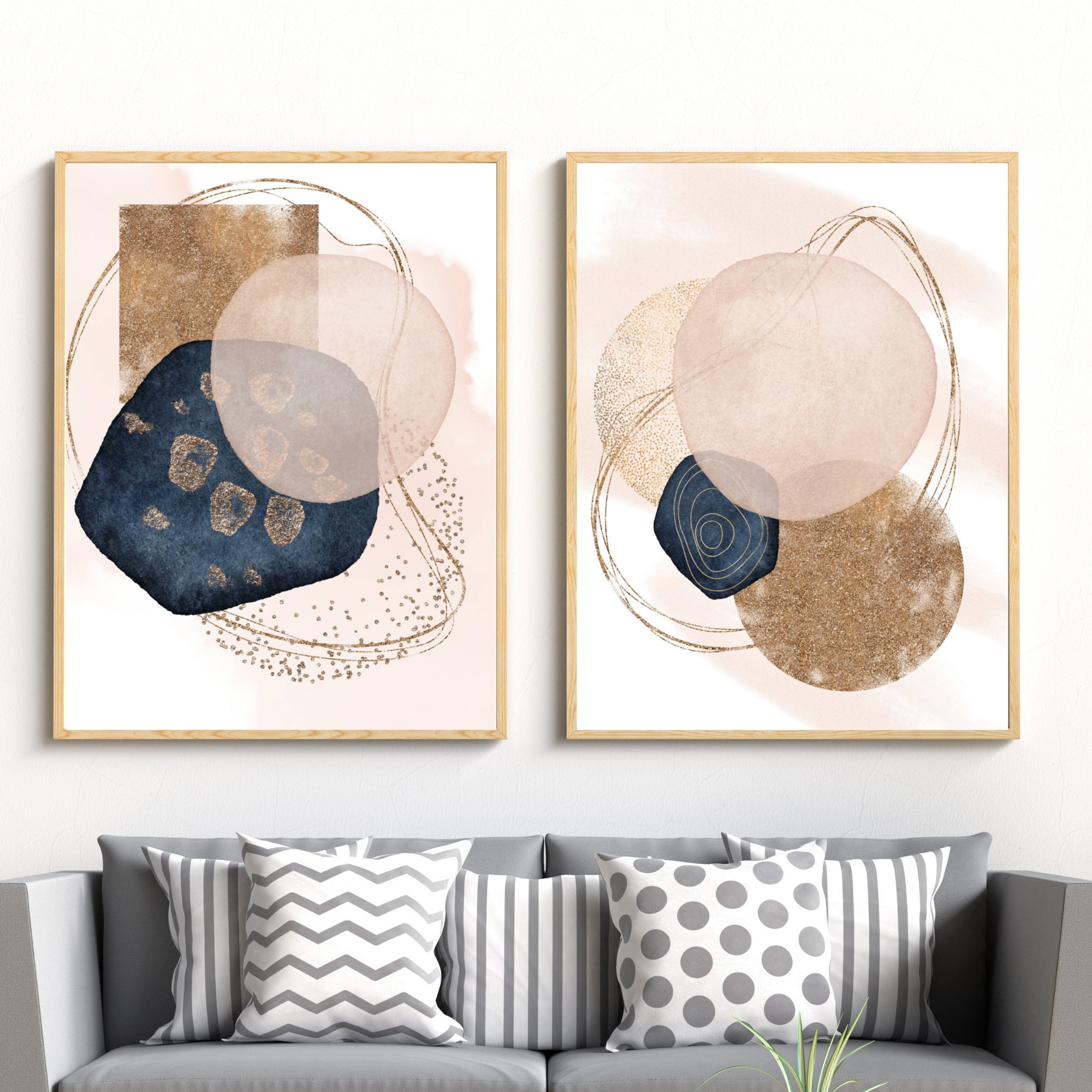 Abstract Wall Art Blue Pink Gold Watercolour Shapes Printable Etsy