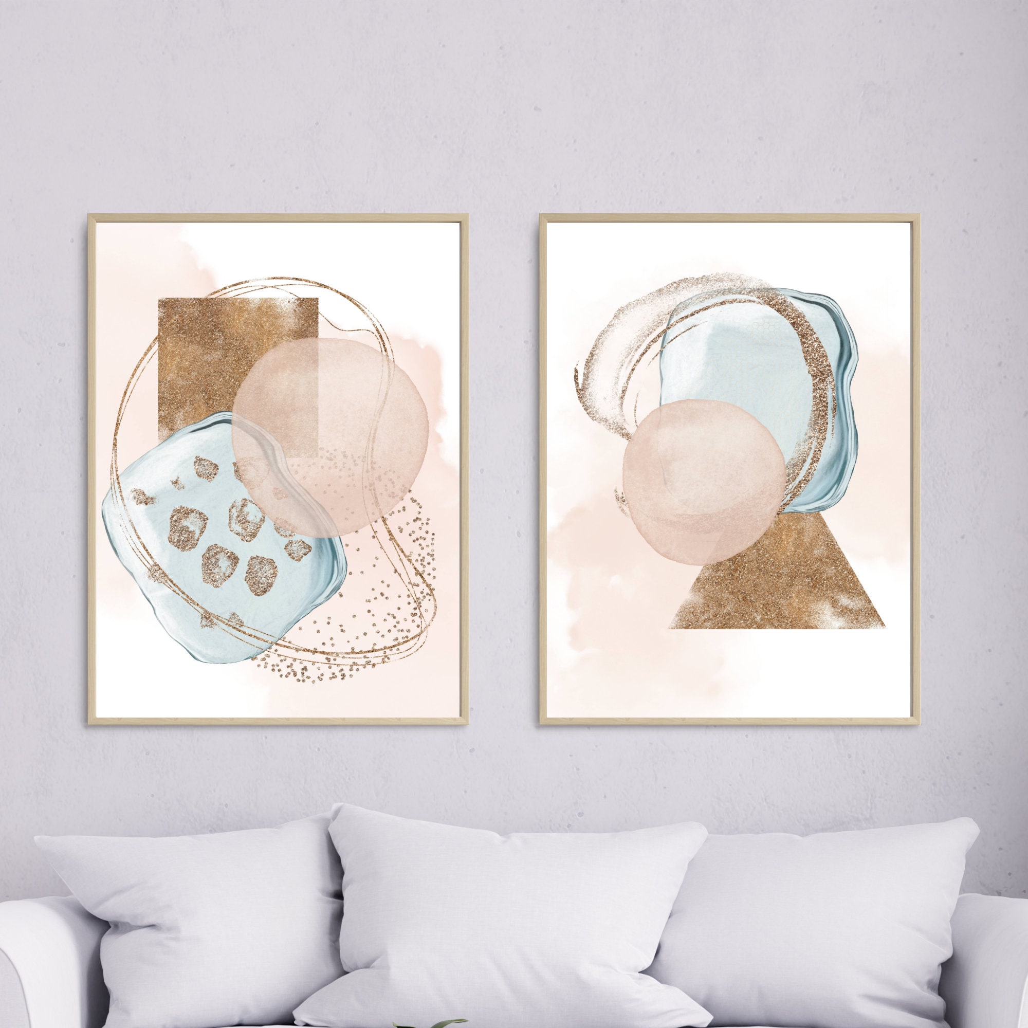 Abstract Wall Art Pink Blue Gold Watercolour Shapes Printable Etsy